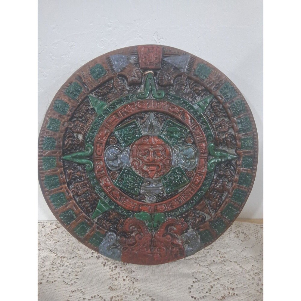 Vtg Mexican Terracotta Wall Hanging Mayan Aztec Indigenous Calendar Art Painted